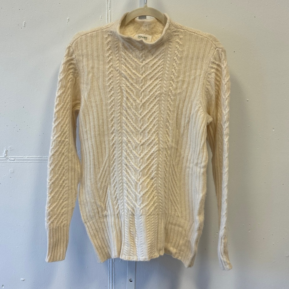 Haven Well Within 100% Cashmere Cable Knit Mock Neck Sweater Cream Womens Medium